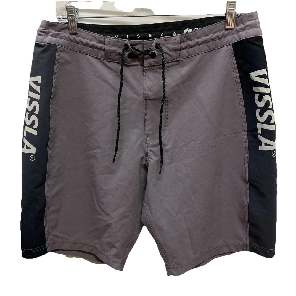 Vissla Spellout Gray Black Board Shorts Men's 32 Upcycle Coconut Swim Trunks